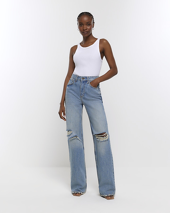Blue wide leg ripped jeans | River Island