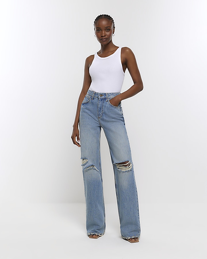 Isla Ripped Wide Leg Jeans - Blue / S