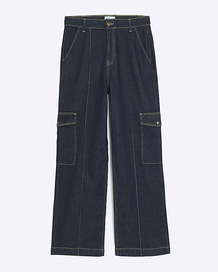 Blue high waist relaxed straight cargo jeans