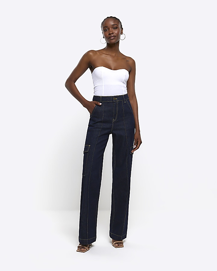 Blue high waist relaxed straight cargo jeans