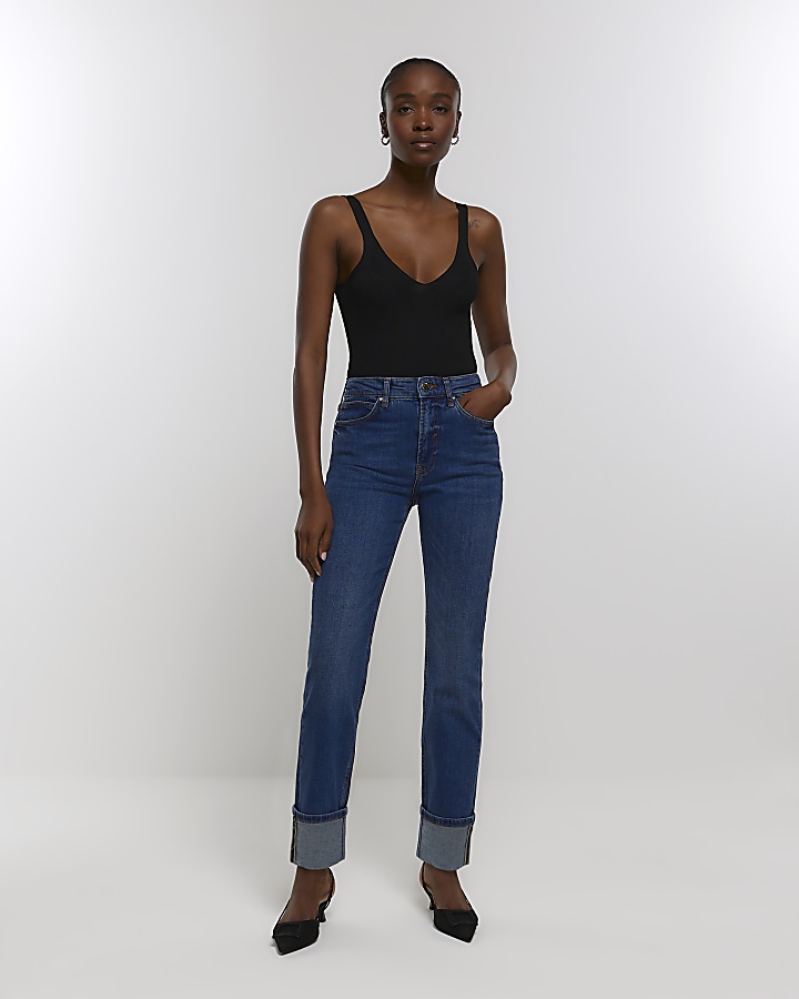 Blue high waisted turned hem slim jeans