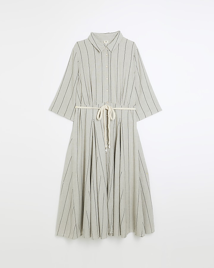 Plus beige belted midi dress with linen