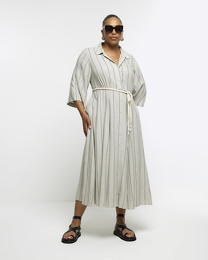 Plus beige belted midi dress with linen