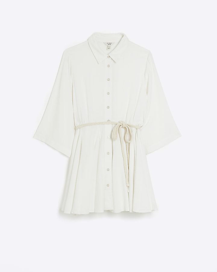 Petite white mini shirt dress with linen