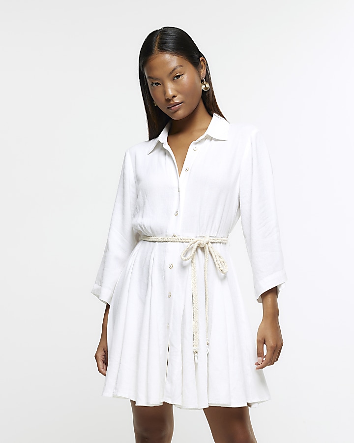Petite white mini shirt dress with linen
