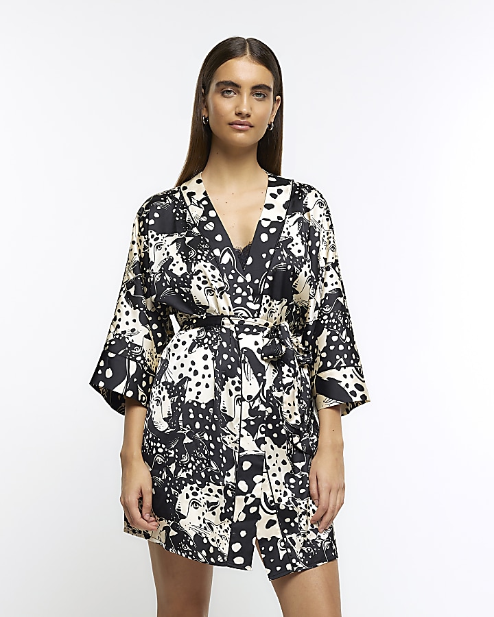 Black satin animal print kimono robe | River Island