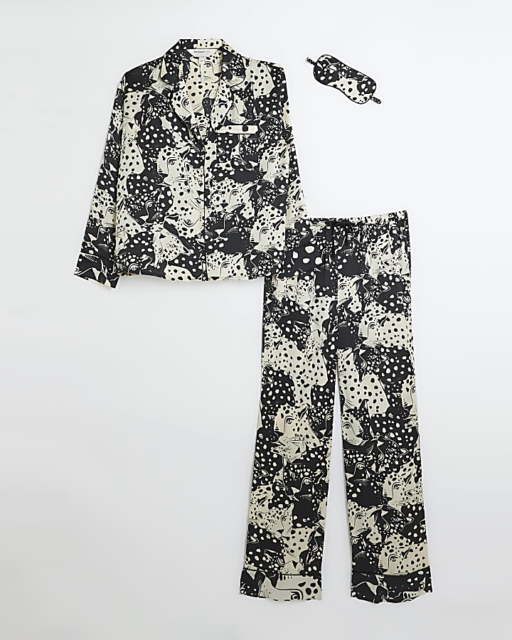 Black satin animal print pyjama set