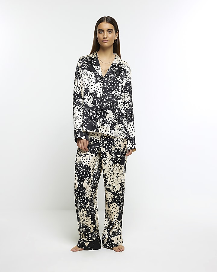 Black satin animal print pyjama set River Island