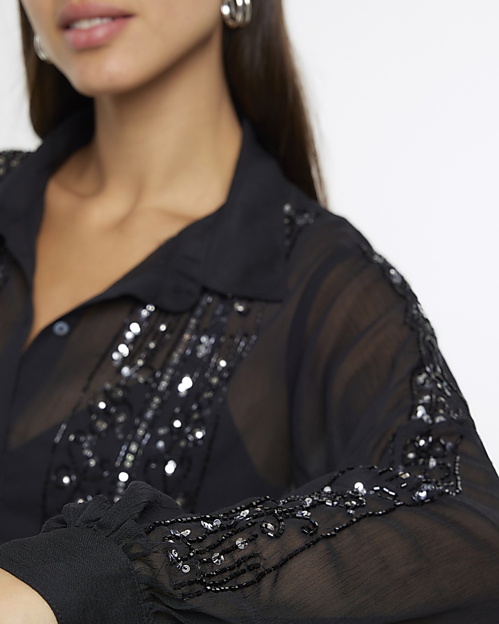 Black sequin long sleeve blouse