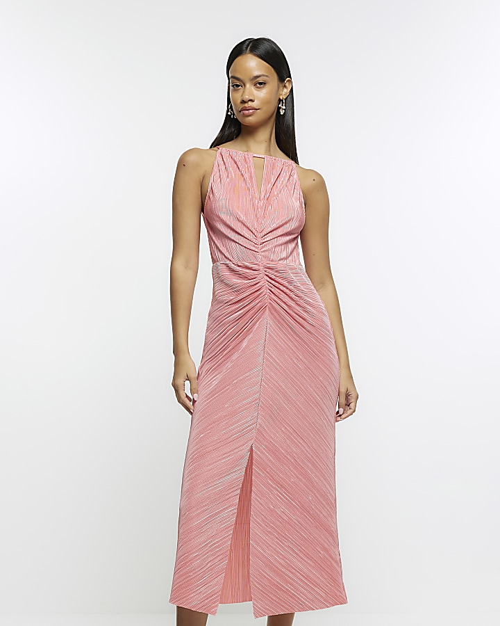 Coral plisse ruched slip midi dress