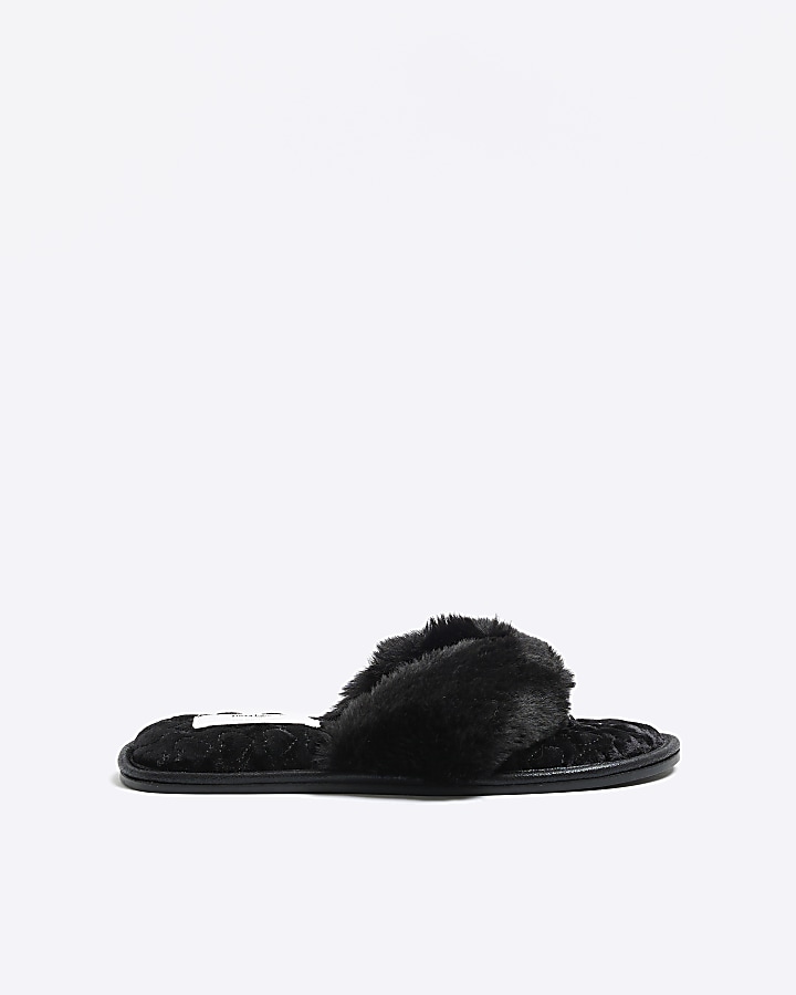 Black faux fur slippers River Island