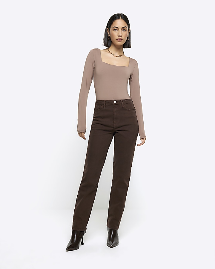 River Island faux leather zip detail skinny pants in dark brown