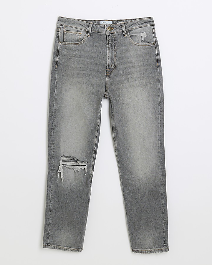 Grey ripped high waisted slim straight jeans