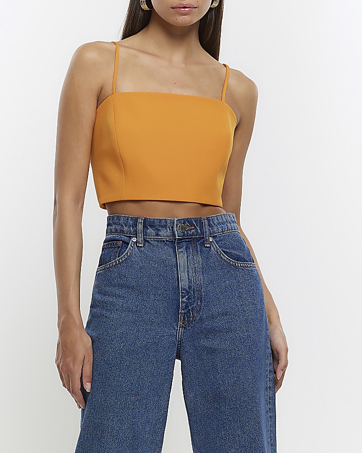 Orange square neck cheap crop top