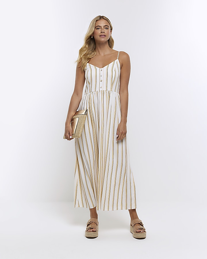 Yellow poplin stripe swing midi dress