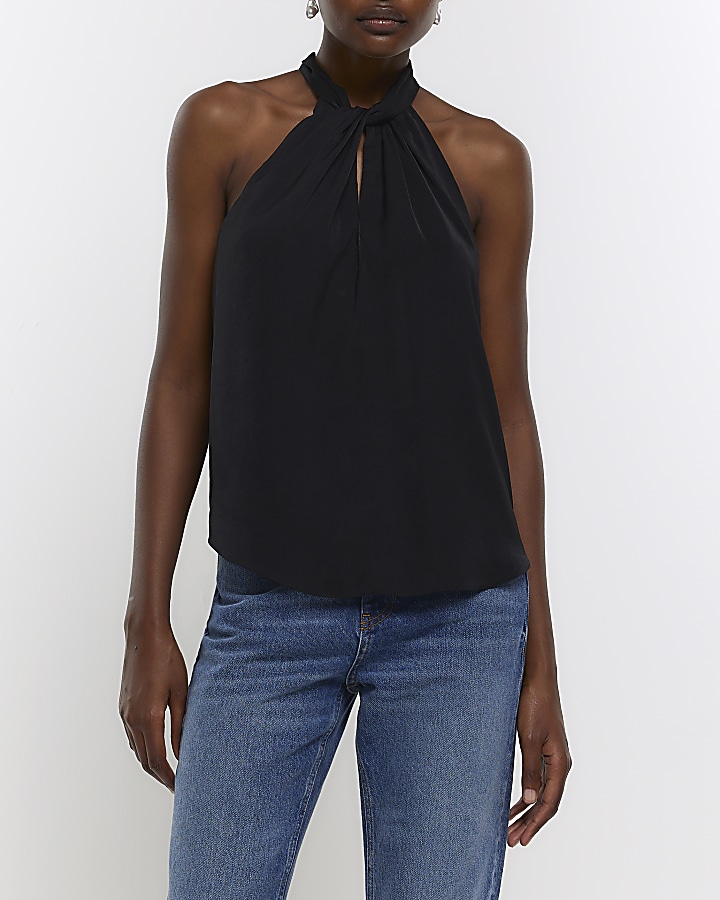 Black satin high outlet neck top