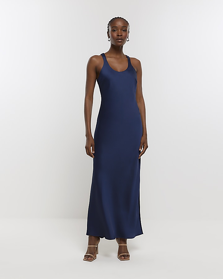 Navy Long Satin Slip Dress