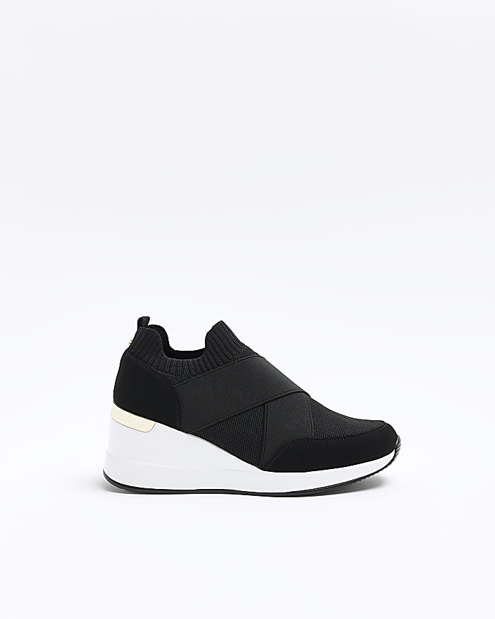 Black knitted wedge shoes | River Island
