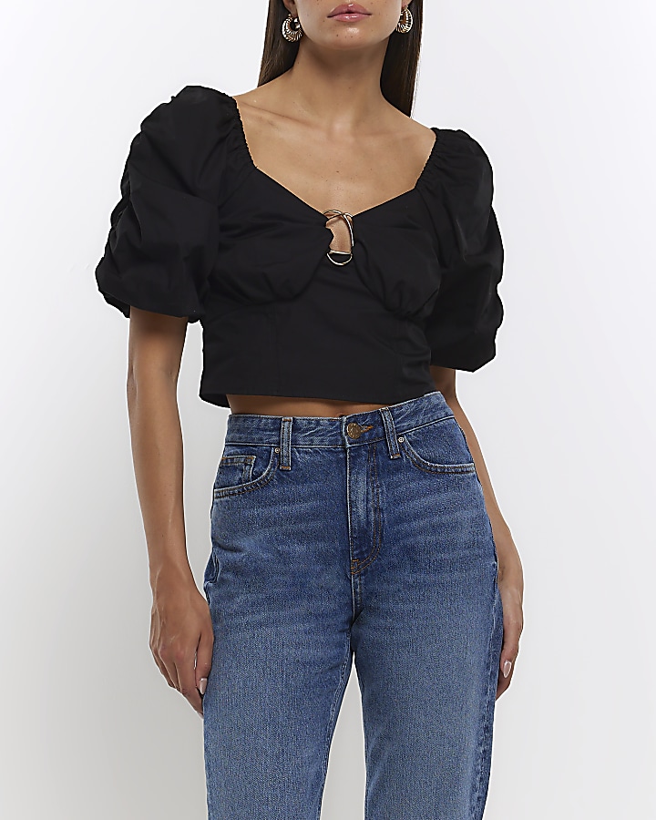 Black crop top with puff online sleeves