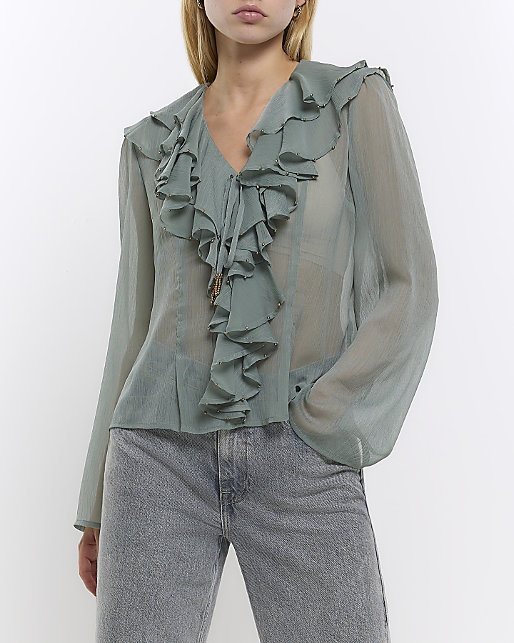 Green frill long sleeve blouse