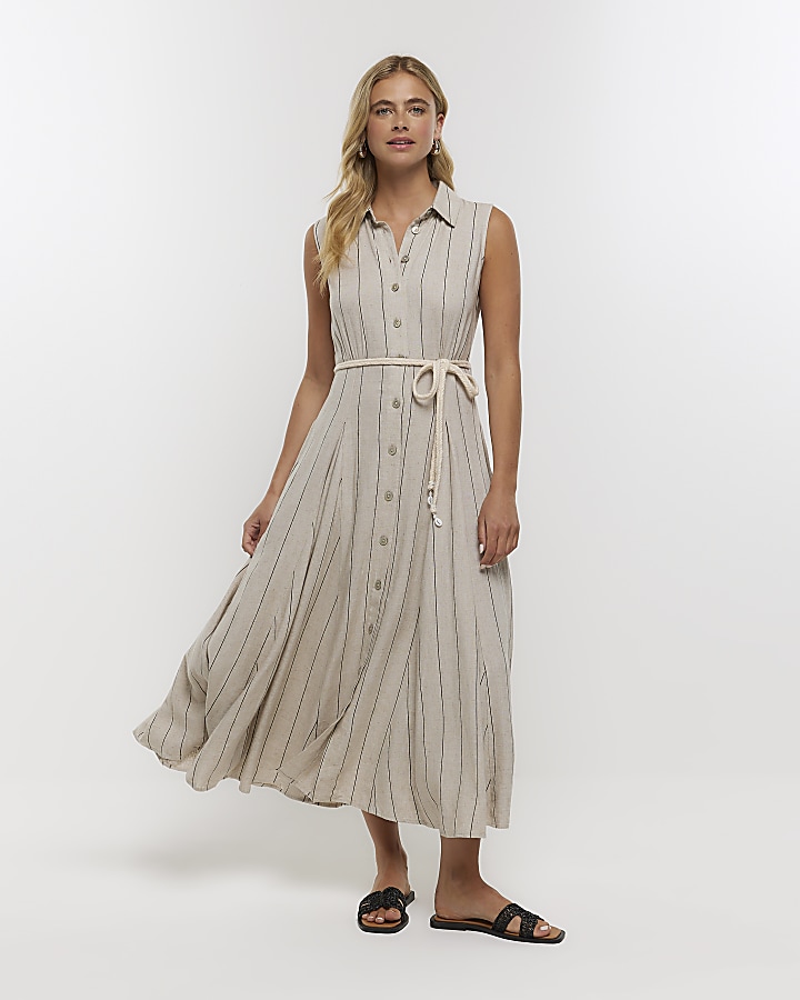 Stone stripe midi shirt dress with linen