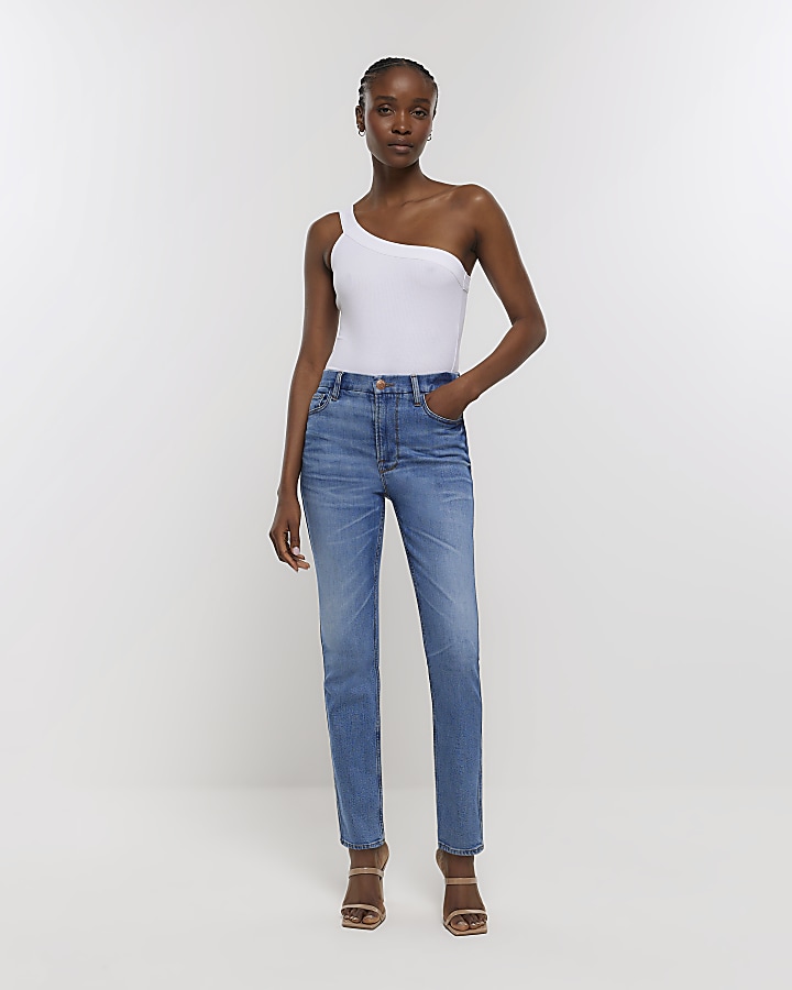 Blue high waisted slim straight jeans