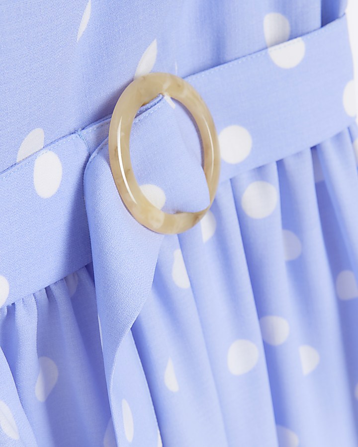 Blue spotted belted swing midi dress