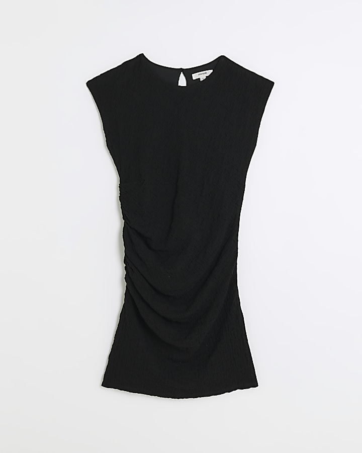 Black textured ruched bodycon mini dress