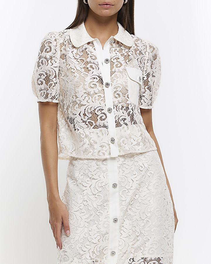 White lace puff sleeve shirt