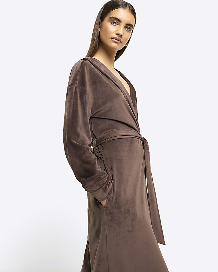 Brown soft hooded dressing gown River Island