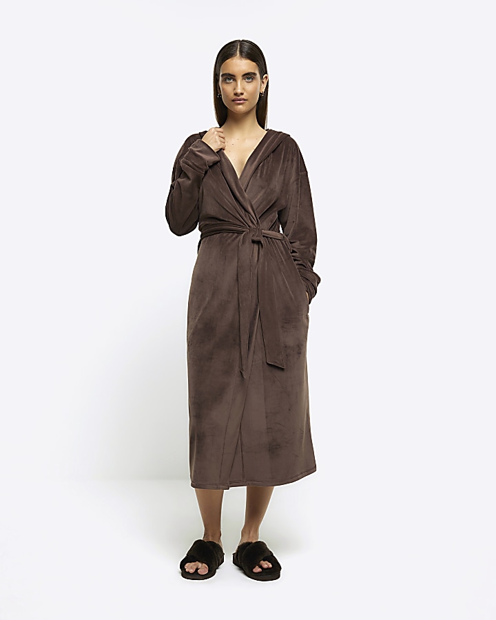 Brown soft hooded dressing gown