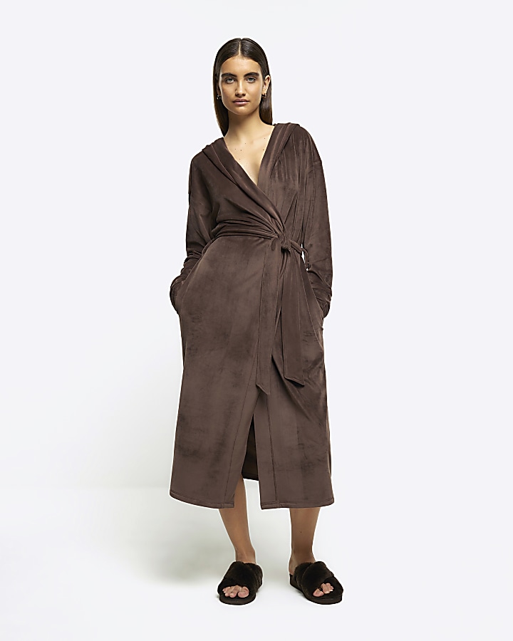 Brown soft hooded dressing gown River Island