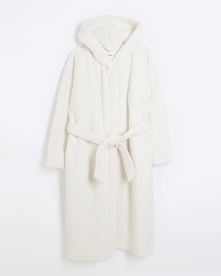 Cream borg hooded dressing gown
