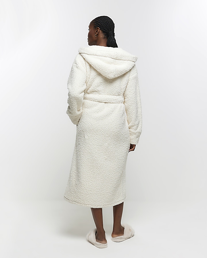 Cream borg hooded dressing gown