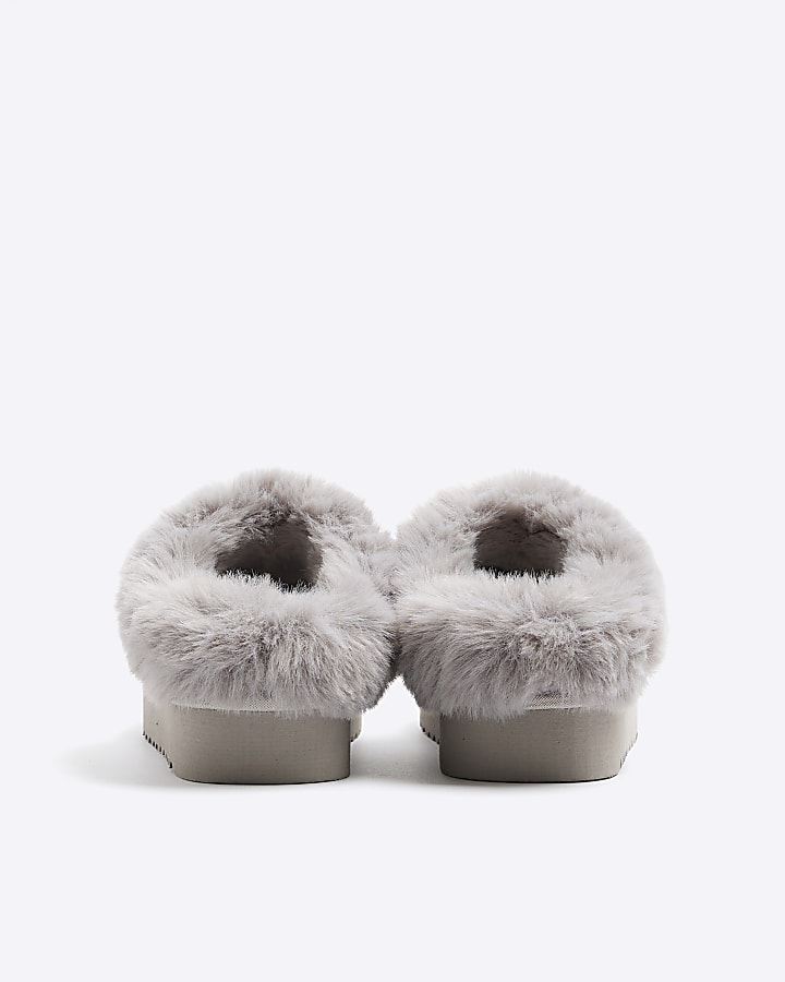 Grey faux fur platform slippers River Island