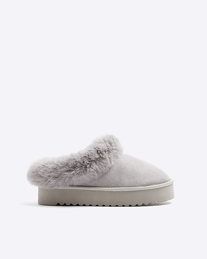 Grey faux fur platform slippers River Island