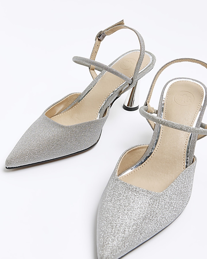 Silver glittered slingback court shoes