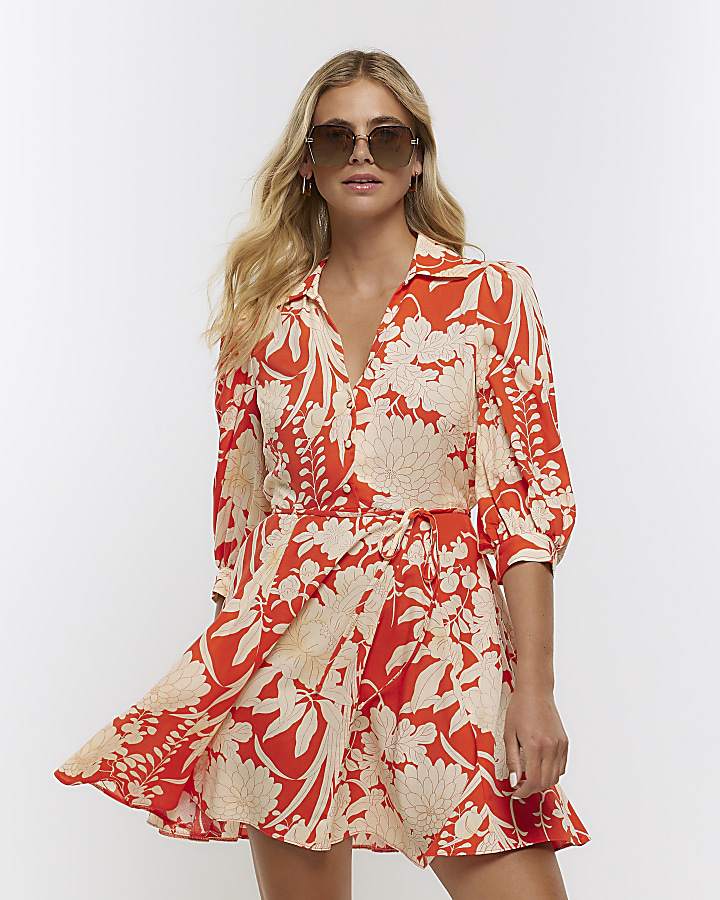 Red linen blend floral mini shirt dress