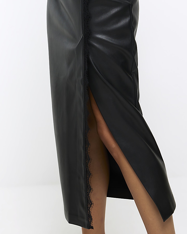 Black faux leather lace trim midi skirt