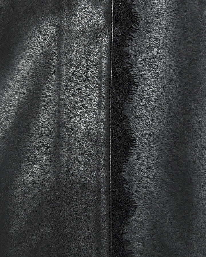 Black faux leather lace trim midi skirt