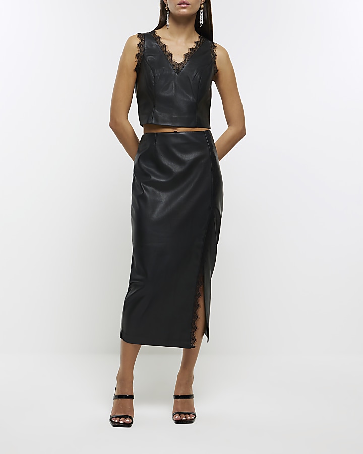 Black faux leather lace trim midi skirt | River Island