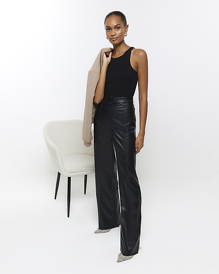 Black faux leather straight leg trousers