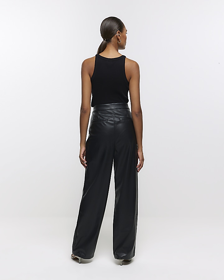 Black faux leather straight leg trousers | River Island