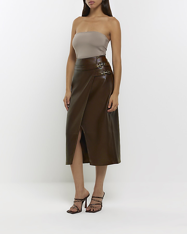 Faux leather clearance wrap midi skirt