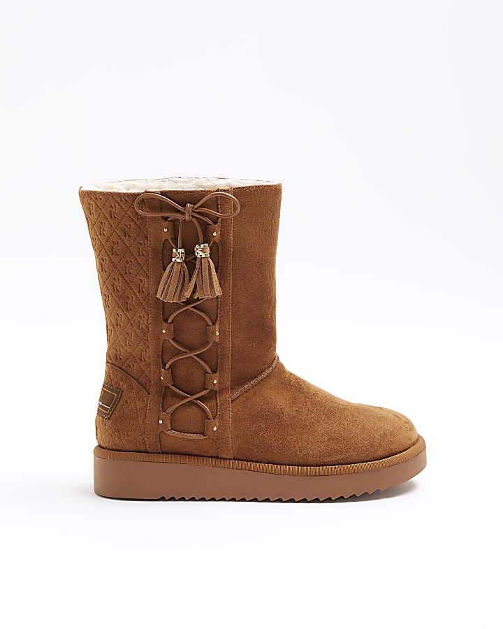 Brown suedette embossed ankle boots