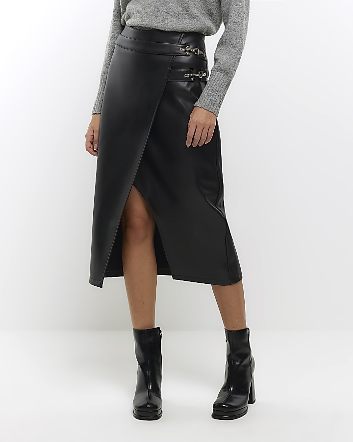 Black faux leather wrap midi skirt | River Island