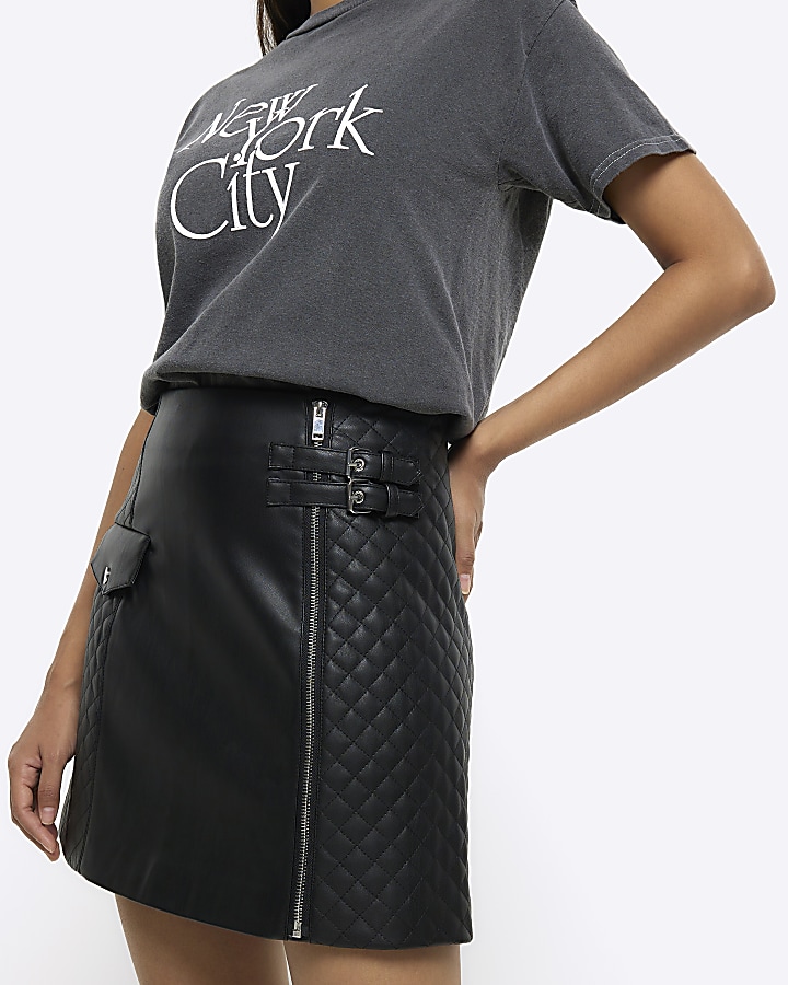 Black faux leather quilted mini skirt