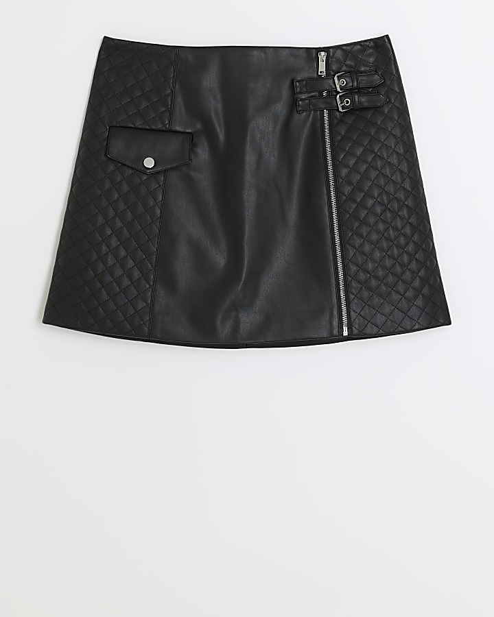 Black faux leather quilted mini skirt | River Island