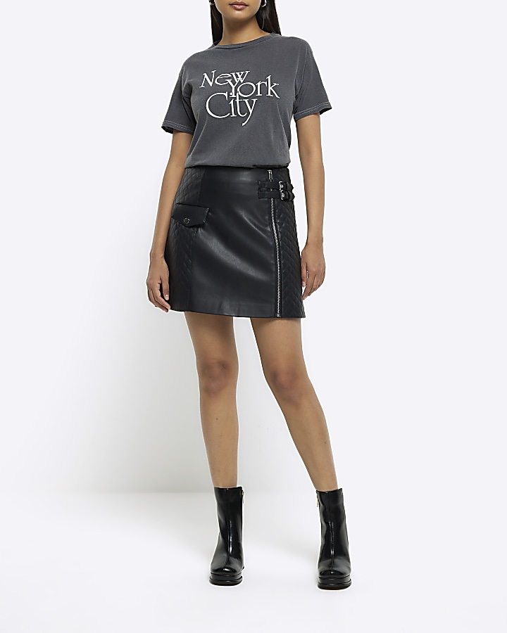 Black faux leather quilted mini skirt