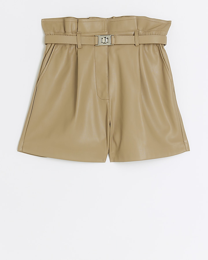 Beige faux leather paperbag shorts